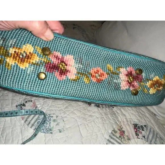 SHOWPIECE! NEVER USED VINTAGE 50's TEAL NEEDLEPOINT & PETITPOINT LEATHER BAG - Picture 6 of 14